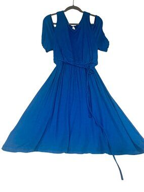 LOFT Blue Fit & Flare Dress Small Cold Shoulder Stretch Casual